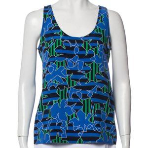 New S Petite Diane von Furstenberg Silk Blouse Crew Neck Floral Stripe Green